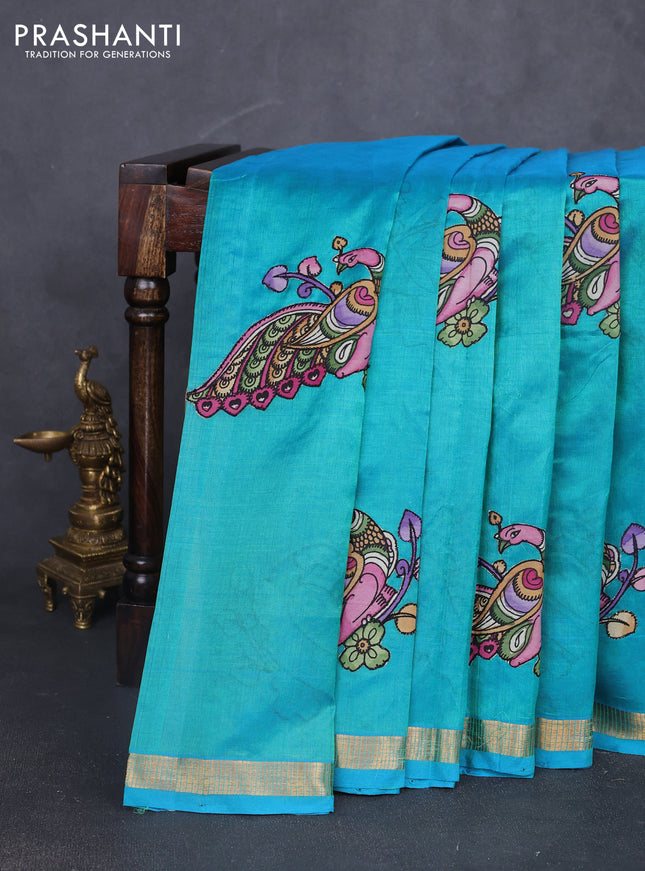 Silk cotton saree dual shade of teal blue with kalamkari applique work and zari woven border