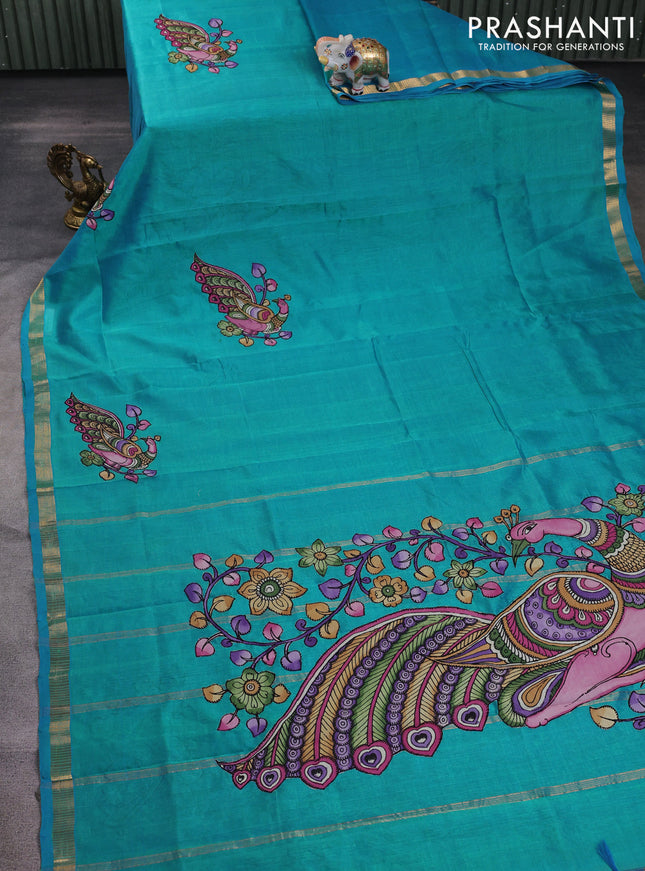 Silk cotton saree dual shade of teal blue with kalamkari applique work and zari woven border
