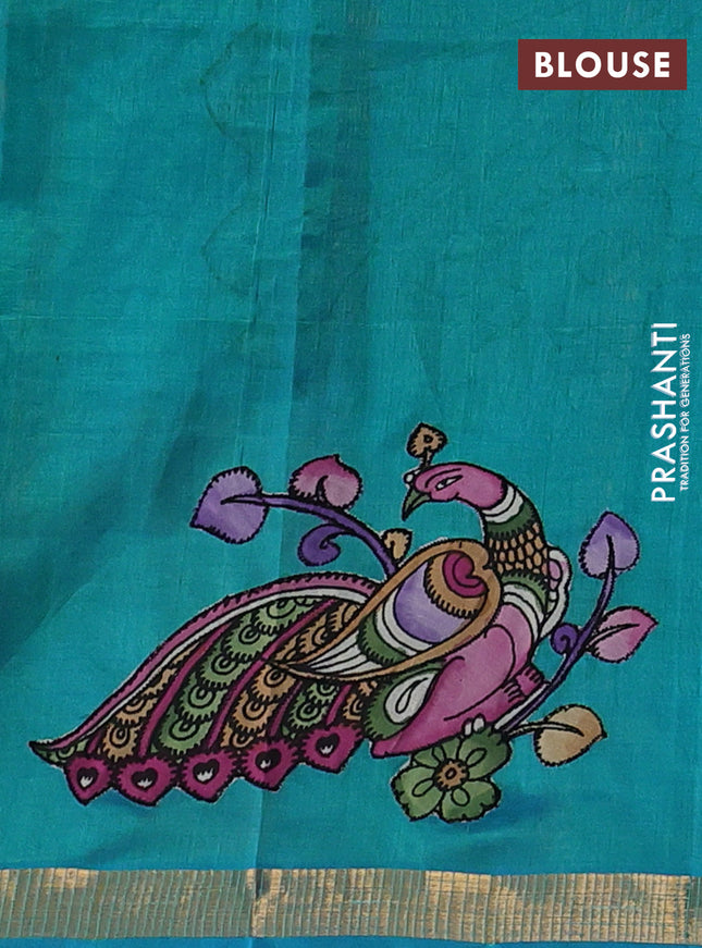 Silk cotton saree dual shade of teal blue with kalamkari applique work and zari woven border