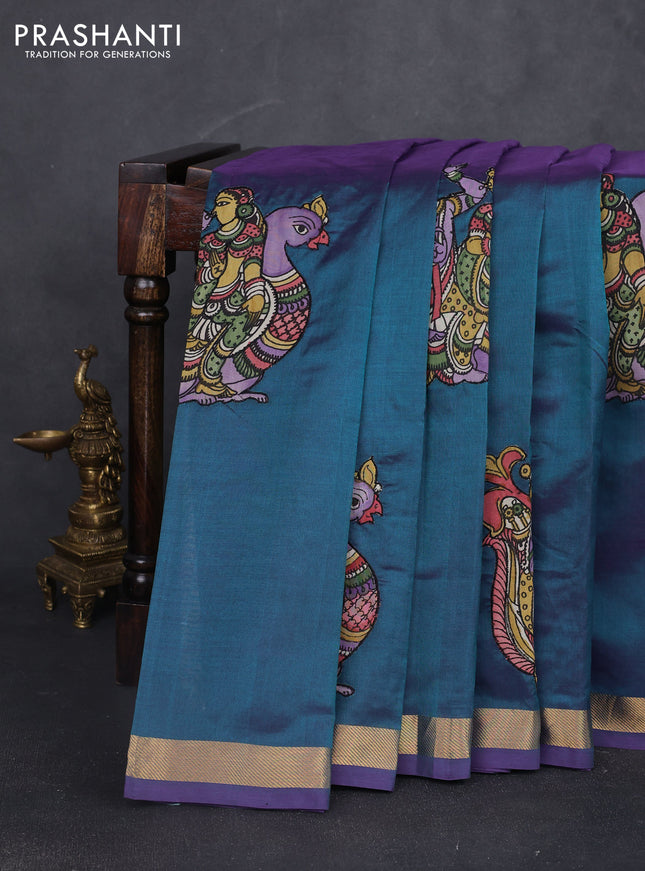 Silk cotton saree dual shade of peacock green with kalamkari applique work and zari woven border