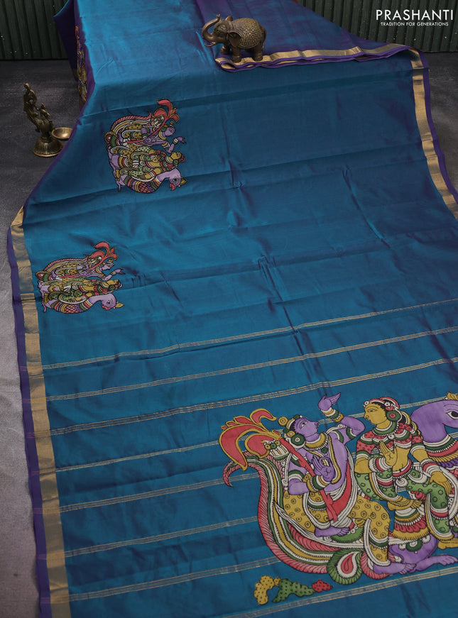 Silk cotton saree dual shade of peacock green with kalamkari applique work and zari woven border