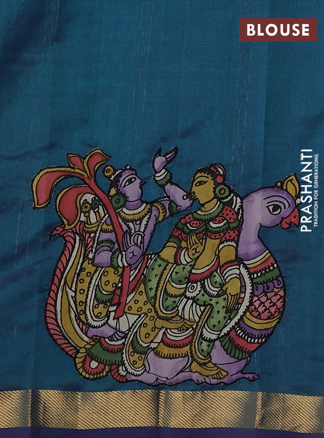 Silk cotton saree dual shade of peacock green with kalamkari applique work and zari woven border