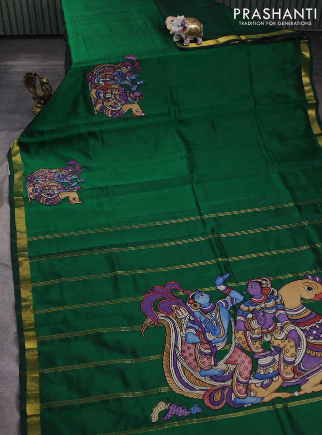 Silk cotton saree green with kalamkari applique work and zari woven border