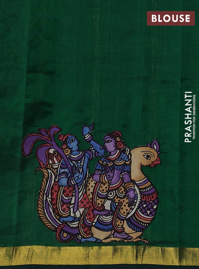 Silk cotton saree green with kalamkari applique work and zari woven border