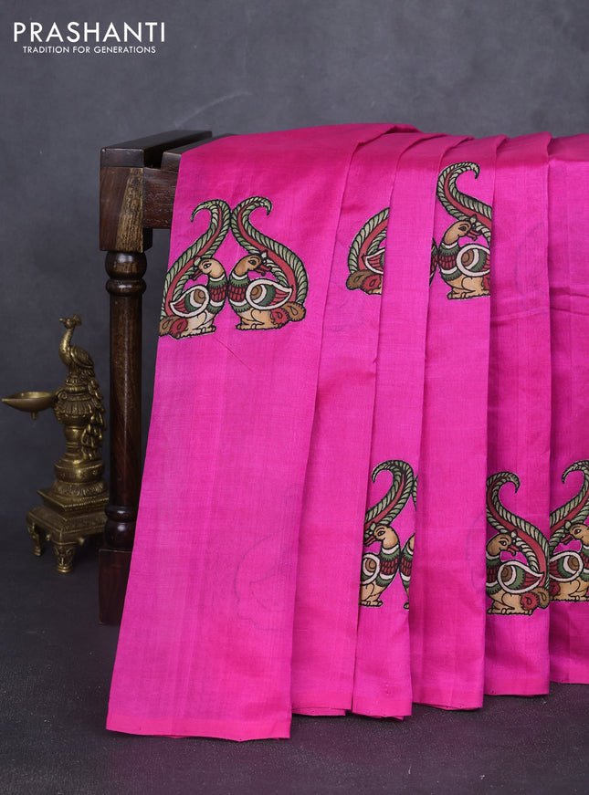 Silk cotton saree pink with kalamkari applique work in borderless style