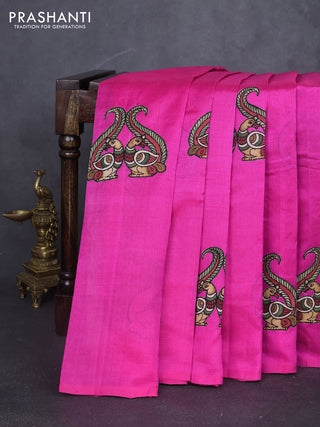 Silk cotton saree pink with kalamkari applique work in borderless style