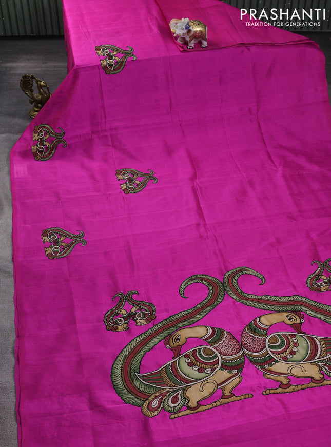 Silk cotton saree pink with kalamkari applique work in borderless style
