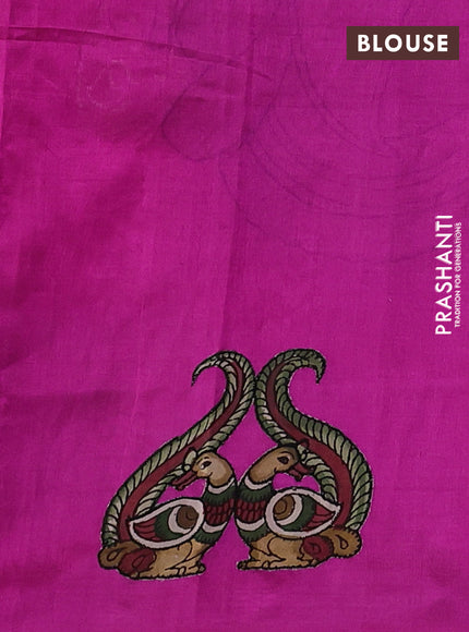 Silk cotton saree pink with kalamkari applique work in borderless style
