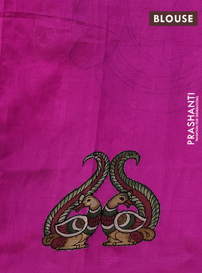 Silk cotton saree pink with kalamkari applique work in borderless style