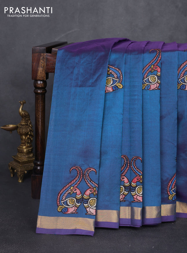 Silk cotton saree dual shade of peacock blue with kalamkari applique work and zari woven border