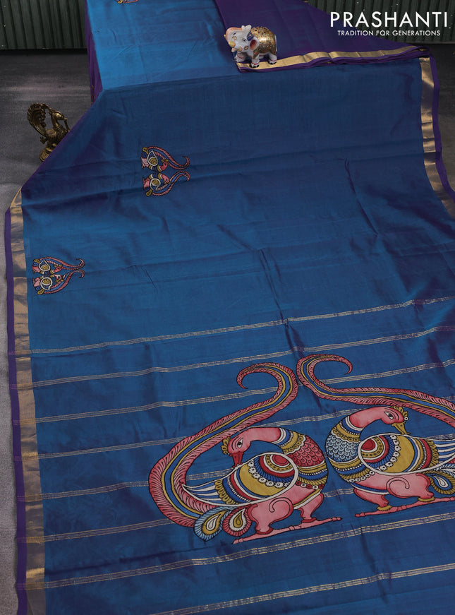 Silk cotton saree dual shade of peacock blue with kalamkari applique work and zari woven border