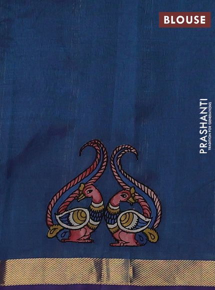 Silk cotton saree dual shade of peacock blue with kalamkari applique work and zari woven border
