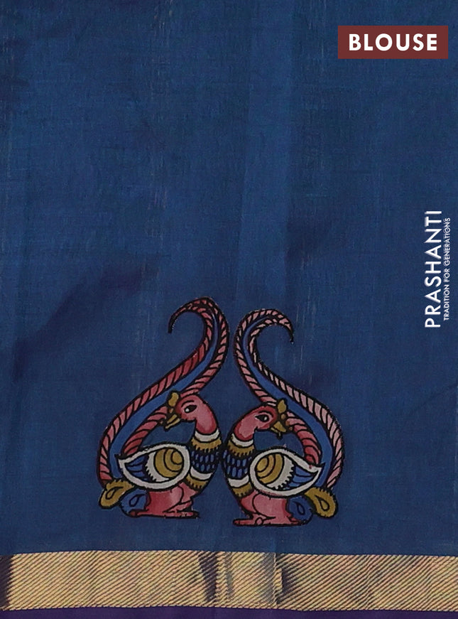 Silk cotton saree dual shade of peacock blue with kalamkari applique work and zari woven border