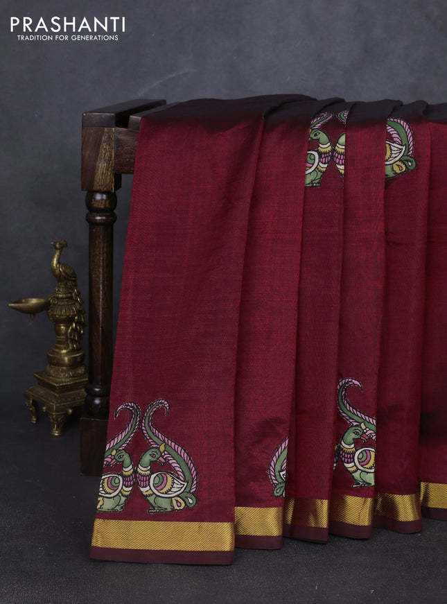 Silk cotton saree maroon with kalamkari applique work and zari woven border