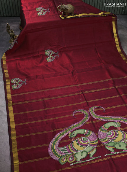 Silk cotton saree maroon with kalamkari applique work and zari woven border