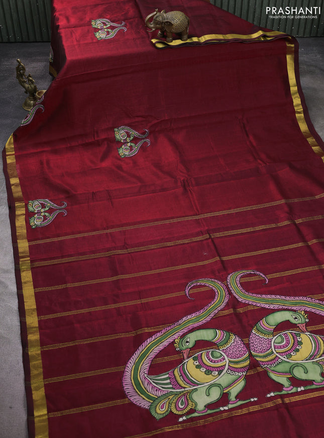 Silk cotton saree maroon with kalamkari applique work and zari woven border