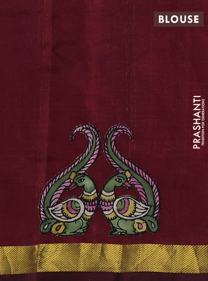 Silk cotton saree maroon with kalamkari applique work and zari woven border