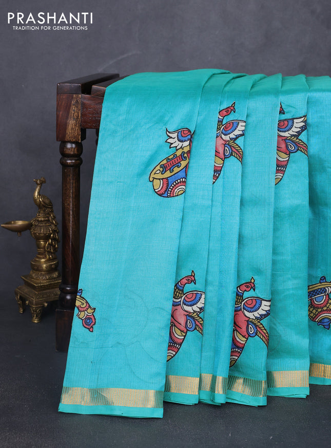 Silk cotton saree dual shade of teal green with kalamkari applique work and zari woven border