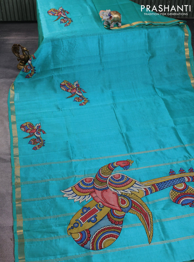 Silk cotton saree dual shade of teal green with kalamkari applique work and zari woven border