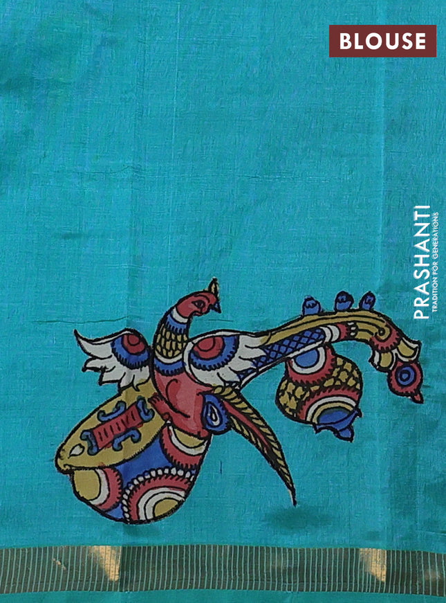 Silk cotton saree dual shade of teal green with kalamkari applique work and zari woven border