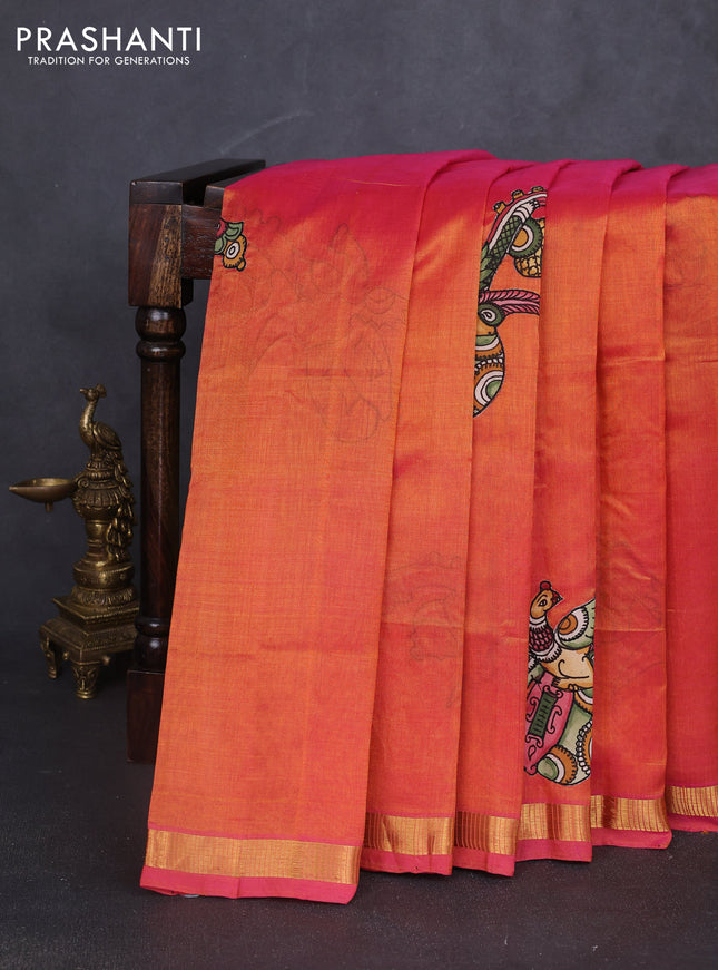 Silk cotton saree dual shade of pinkish orange with kalamkari applique work and zari woven border