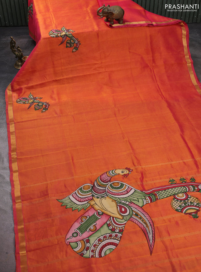 Silk cotton saree dual shade of pinkish orange with kalamkari applique work and zari woven border