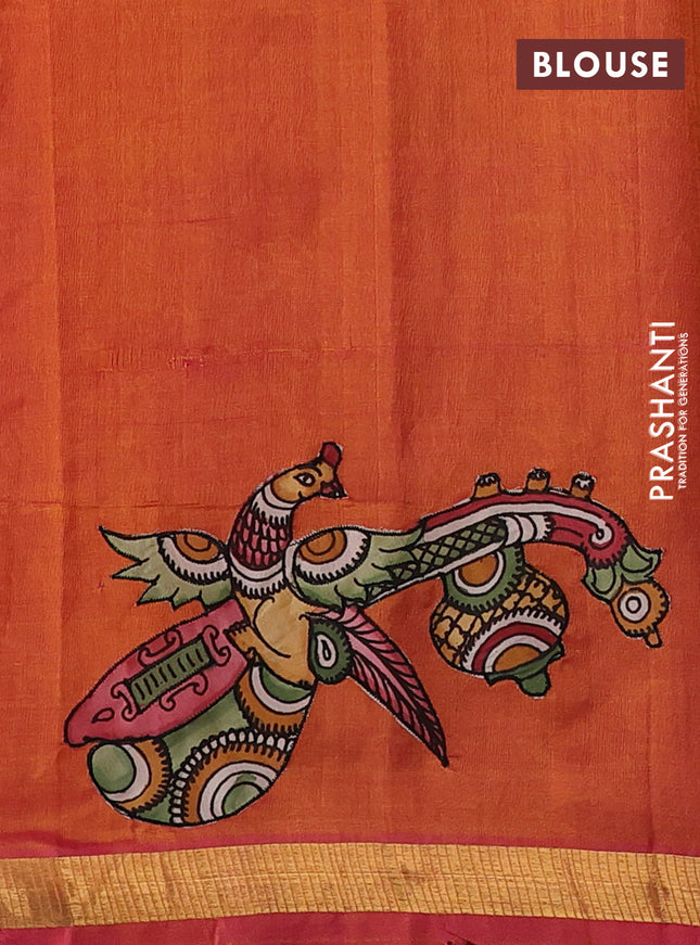 Silk cotton saree dual shade of pinkish orange with kalamkari applique work and zari woven border