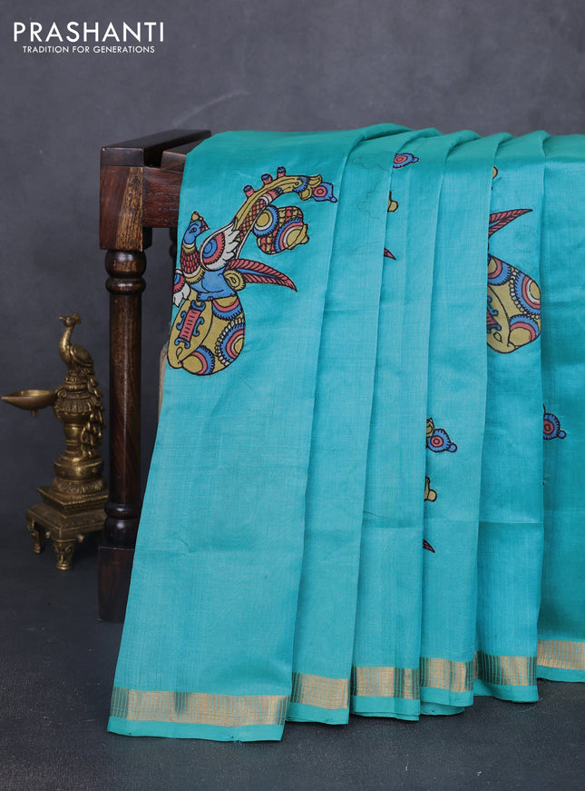 Silk cotton saree dual shade of teal green with kalamkari applique work and zari woven border