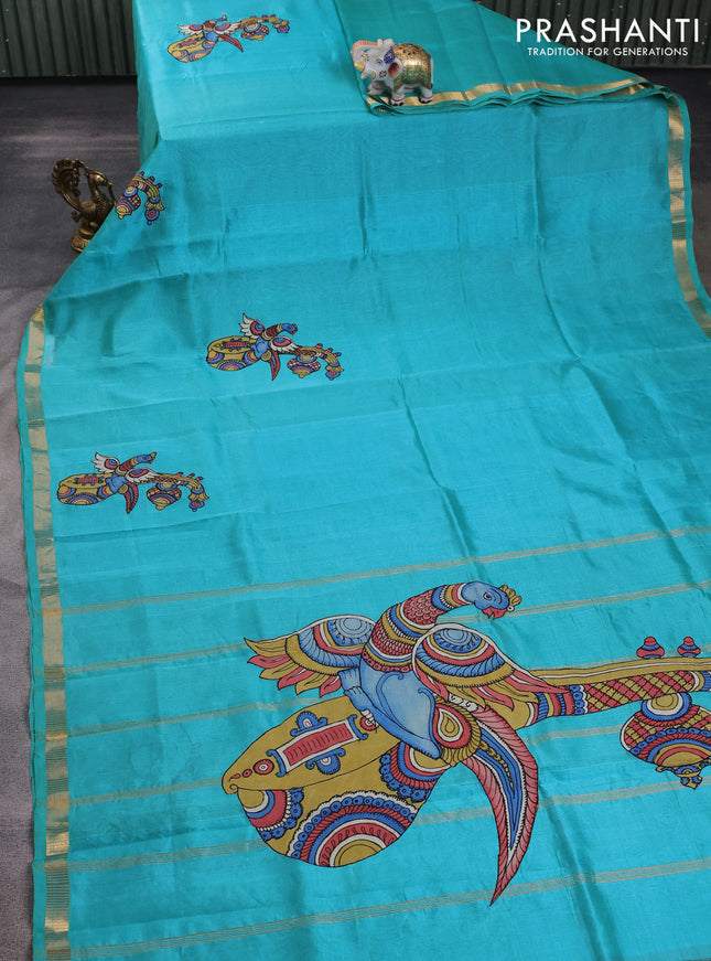 Silk cotton saree dual shade of teal green with kalamkari applique work and zari woven border