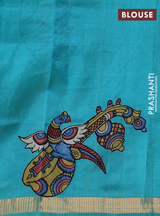 Silk cotton saree dual shade of teal green with kalamkari applique work and zari woven border