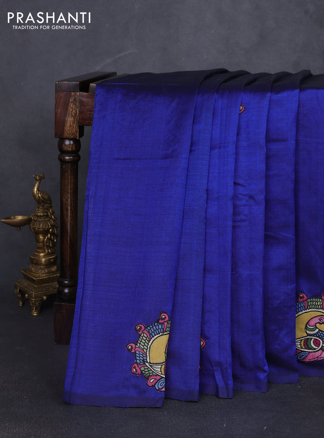 Silk cotton saree blue with kalamkari applique work in borderless style