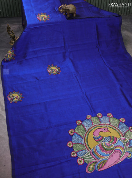 Silk cotton saree blue with kalamkari applique work in borderless style