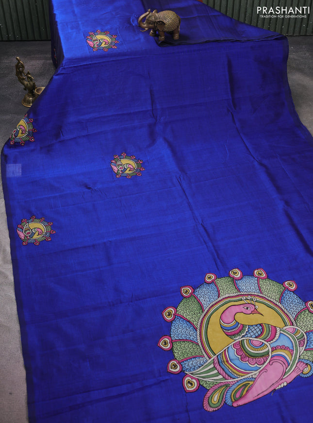 Silk cotton saree blue with kalamkari applique work in borderless style