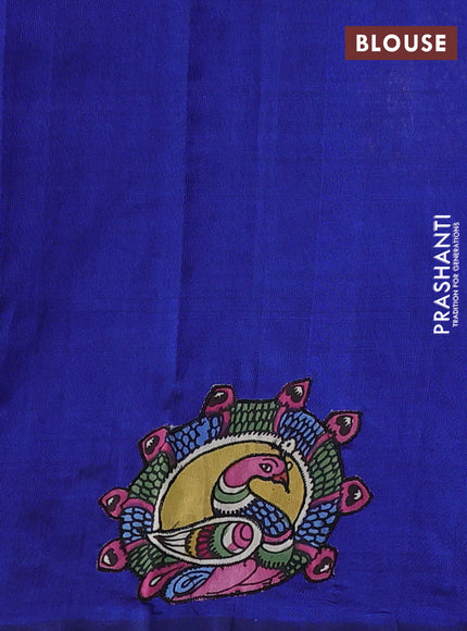 Silk cotton saree blue with kalamkari applique work in borderless style
