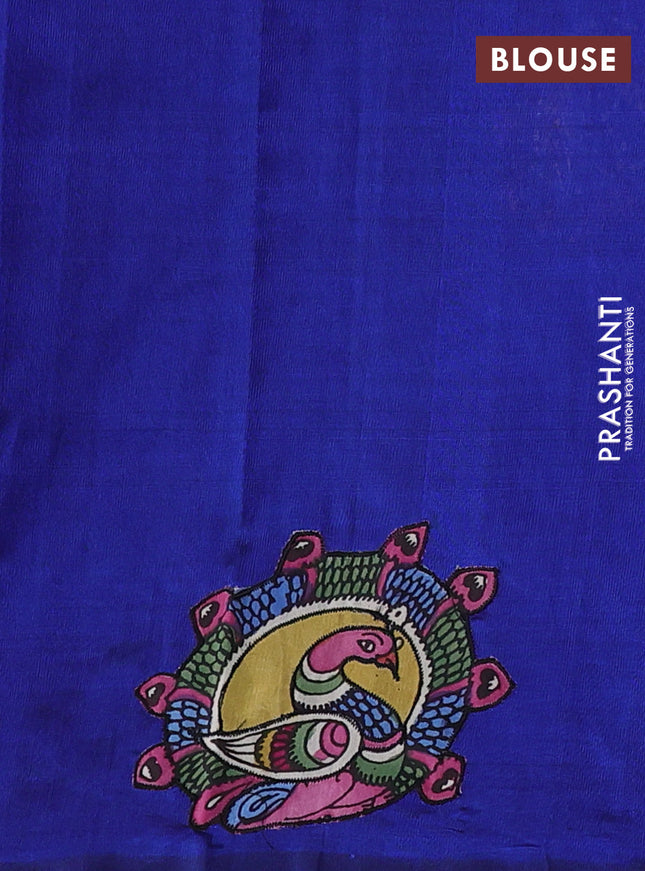 Silk cotton saree blue with kalamkari applique work in borderless style