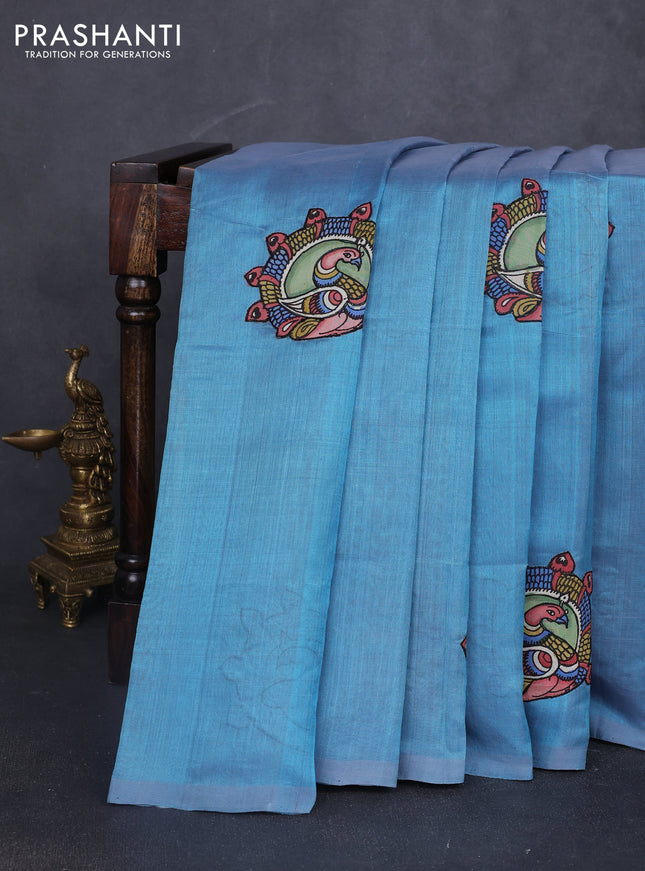 Silk cotton saree dual shade of teal blue with kalamkari applique work in borderless style