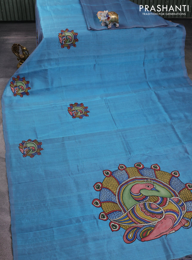 Silk cotton saree dual shade of teal blue with kalamkari applique work in borderless style