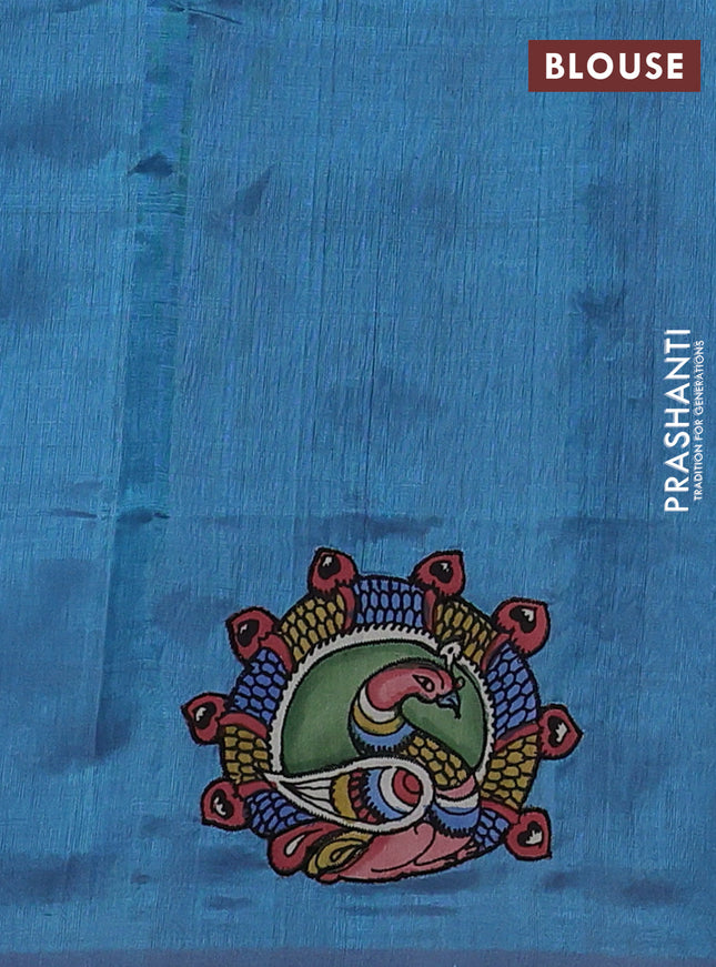 Silk cotton saree dual shade of teal blue with kalamkari applique work in borderless style