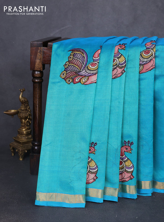 Silk cotton saree dual shade of teal blue with kalamkari applique work and zari woven border