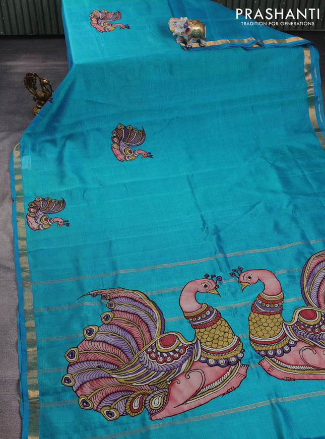 Silk cotton saree dual shade of teal blue with kalamkari applique work and zari woven border