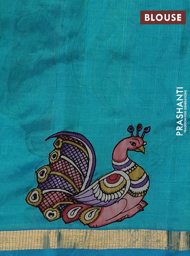 Silk cotton saree dual shade of teal blue with kalamkari applique work and zari woven border