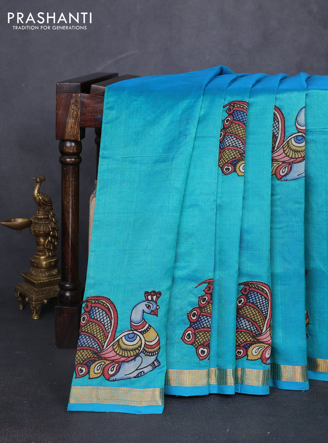 Silk cotton saree dual shade of teal blue with kalamkari applique work and zari woven border
