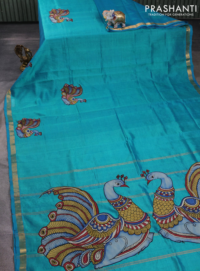 Silk cotton saree dual shade of teal blue with kalamkari applique work and zari woven border