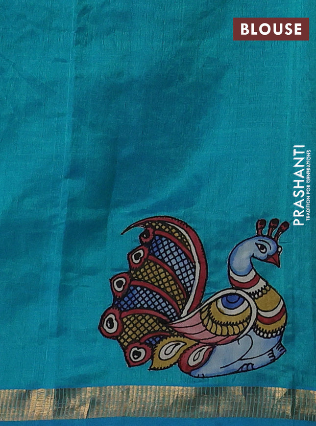 Silk cotton saree dual shade of teal blue with kalamkari applique work and zari woven border