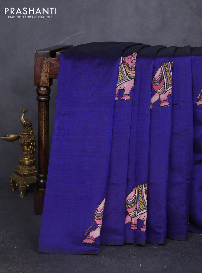 Silk cotton saree navy blue with kalamkari applique work in borderless style