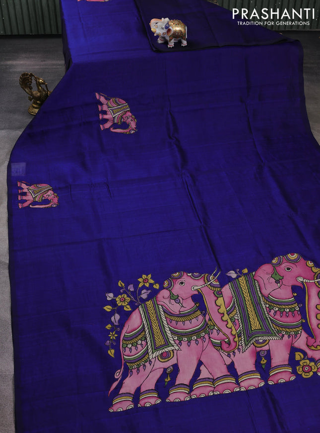 Silk cotton saree navy blue with kalamkari applique work in borderless style