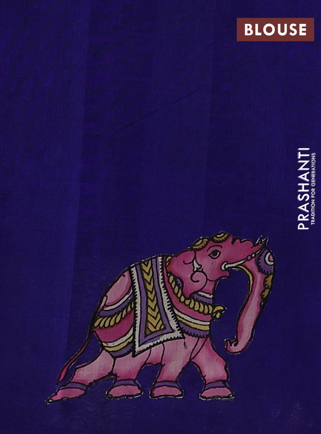 Silk cotton saree navy blue with kalamkari applique work in borderless style