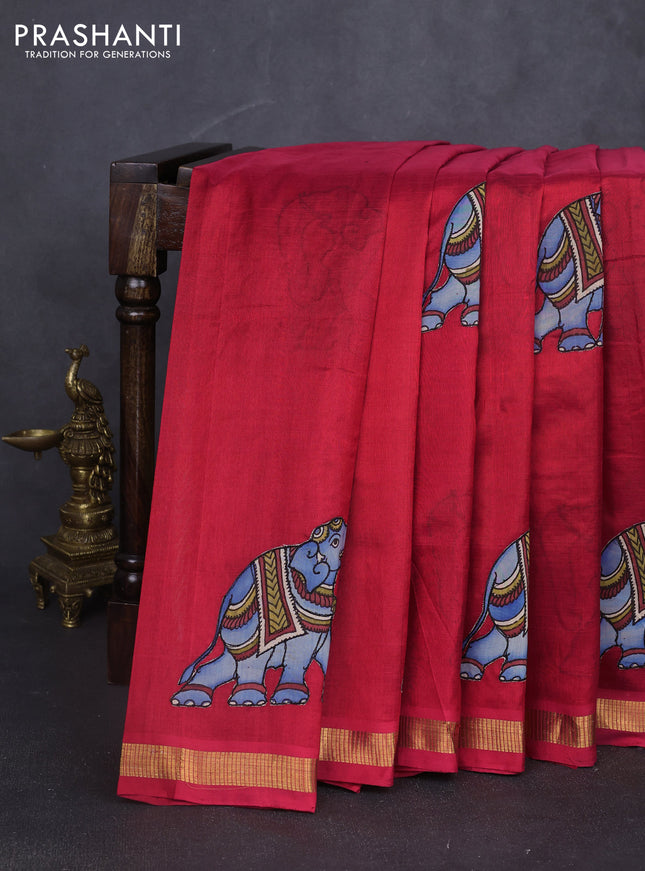 Silk cotton saree red with kalamkari applique work in borderless style