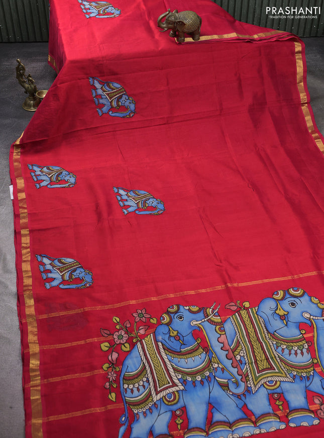 Silk cotton saree red with kalamkari applique work in borderless style