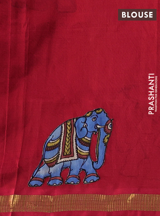 Silk cotton saree red with kalamkari applique work in borderless style